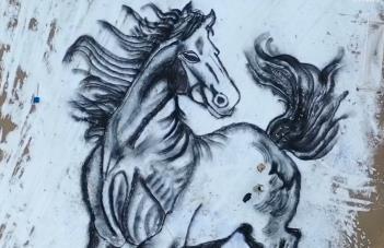 栩栩如生！3名教師雪中繪制巨型駿馬圖