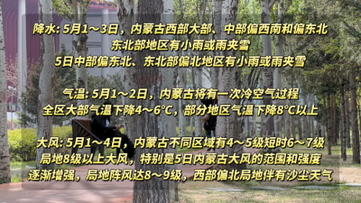 內(nèi)蒙古：五一假期氣溫多起伏 有兩次冷空氣過程